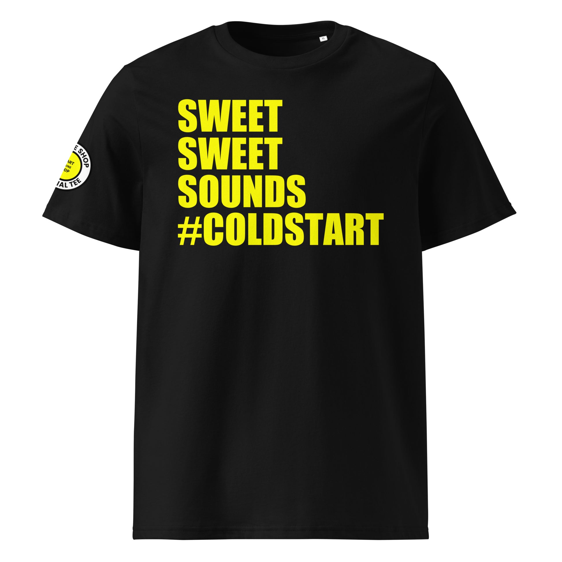 Front view of black unisex t-shirt with bold yellow “SWEET SWEET SOUNDS #COLDSTART” slogan. DTF print, perfect for cold start fans and car meet banter.