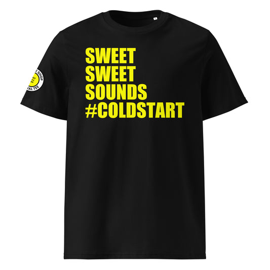 Front view of black unisex t-shirt with bold yellow “SWEET SWEET SOUNDS #COLDSTART” slogan. DTF print, perfect for cold start fans and car meet banter.