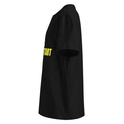 Left side view of black unisex t-shirt, plain sleeve, visible side of the yellow “SWEET SWEET SOUNDS #COLDSTART” print. Minimalist, car meet style.