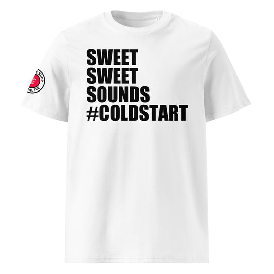 Front view of white unisex t-shirt with bold black “SWEET SWEET SOUNDS #COLDSTART” slogan. DTF print, perfect for cold start fans, petrolheads, and car meet banter.
