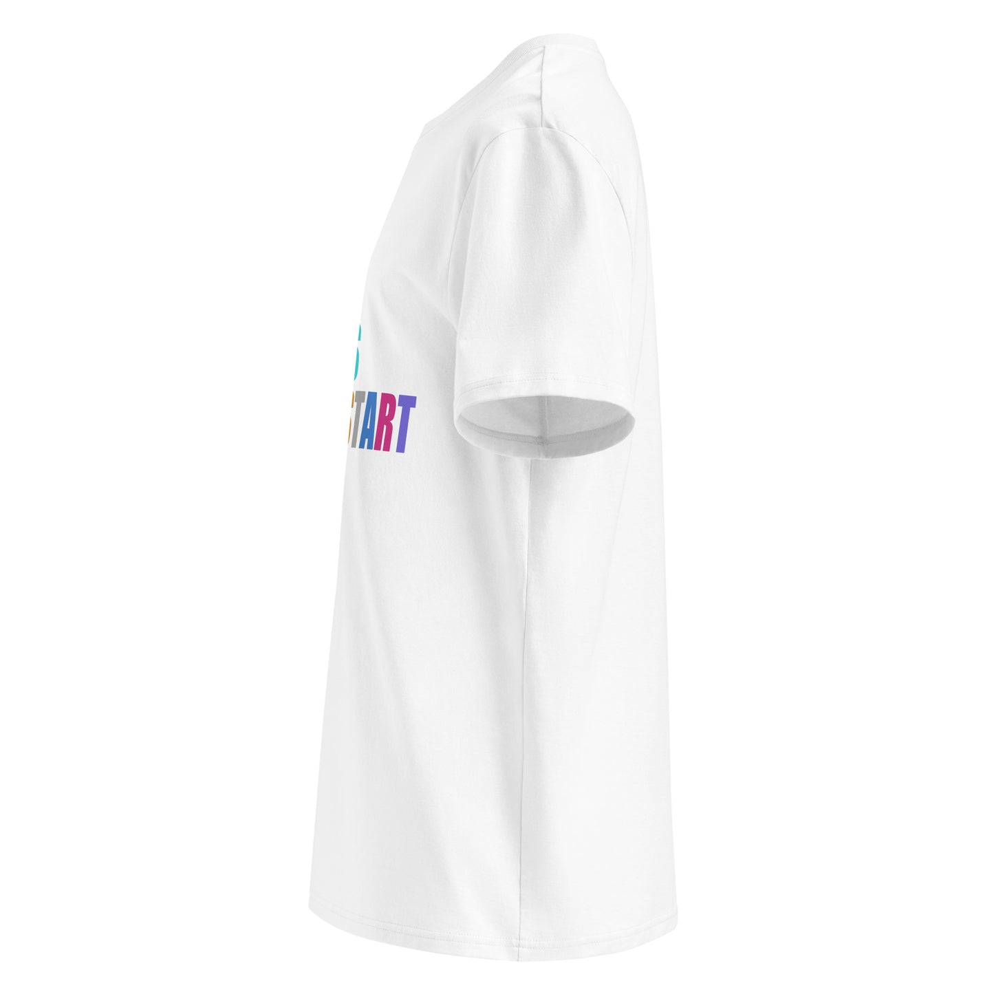 Left side view of white unisex t-shirt, plain sleeve, visible side of the colourful “SWEET SWEET SOUNDS #COLDSTART” print. Minimalist, car meet style.