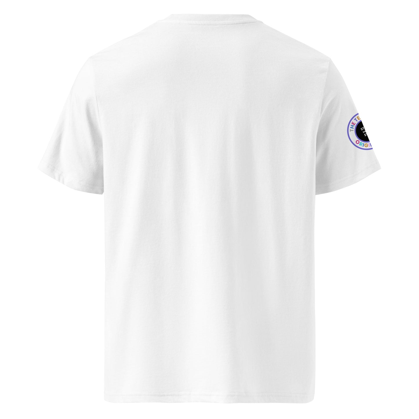 Back view of white unisex t-shirt with plain design. No rear print, highlighting the multi-colour slogan and start/stop logo. DTF print, for cold start fans.