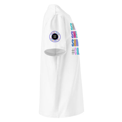 Right side view of white t-shirt showing The Tee Shop’s unique start/stop button logo and edge of the multi-colour slogan. DTF print, car culture and engine tribute.