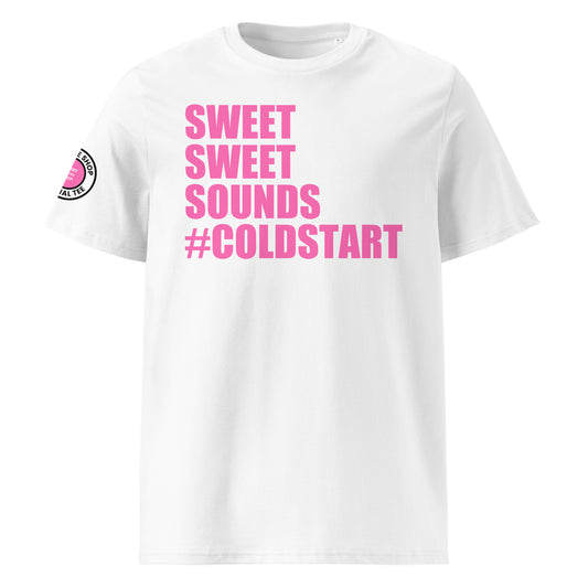 Front view of white unisex t-shirt with bold pink “SWEET SWEET SOUNDS #COLDSTART” slogan. DTF print, perfect for cold start fans, petrolheads, and car meet banter.