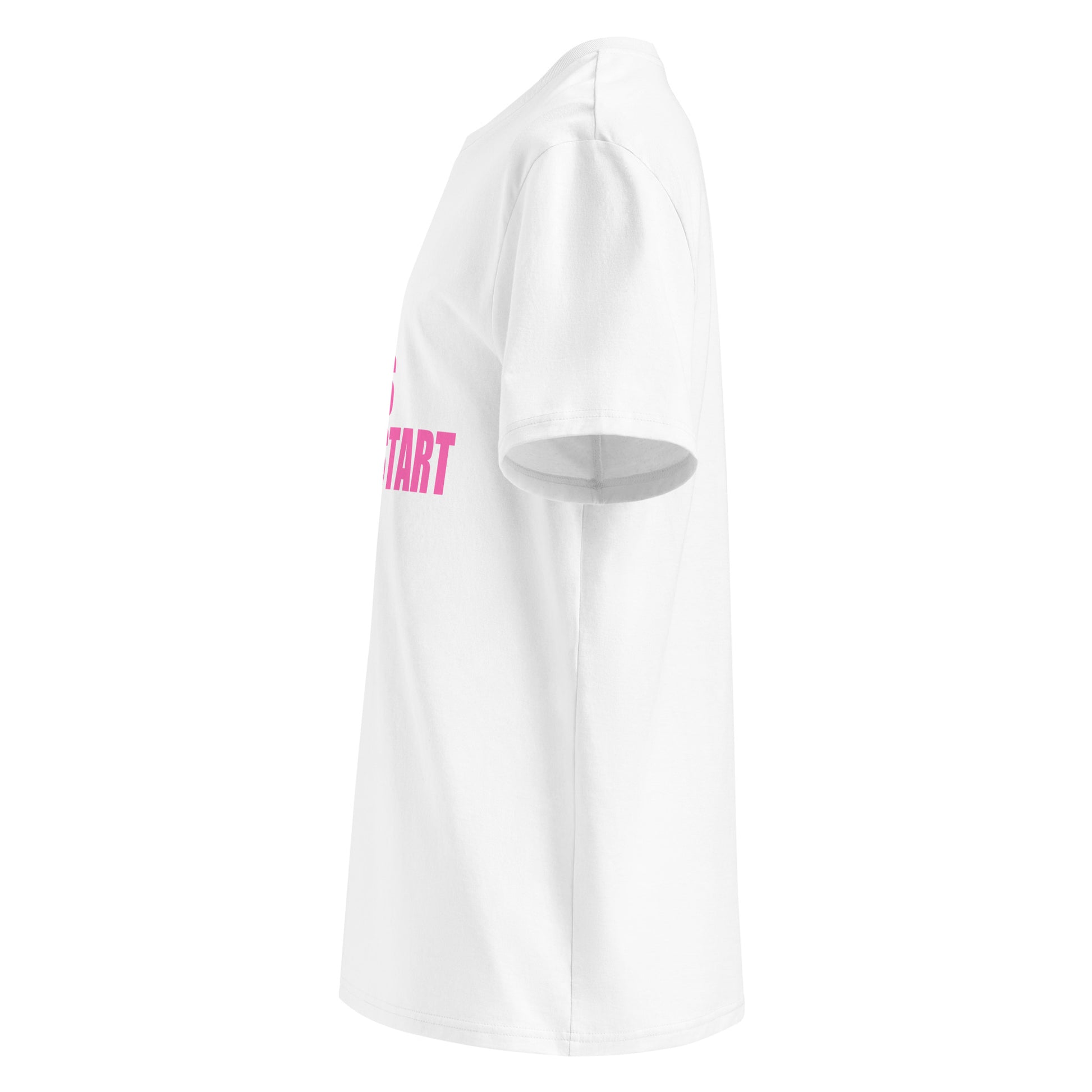 Left side view of white unisex t-shirt, plain sleeve, visible side of the pink “SWEET SWEET SOUNDS #COLDSTART” chest print. Minimalist, car meet style.