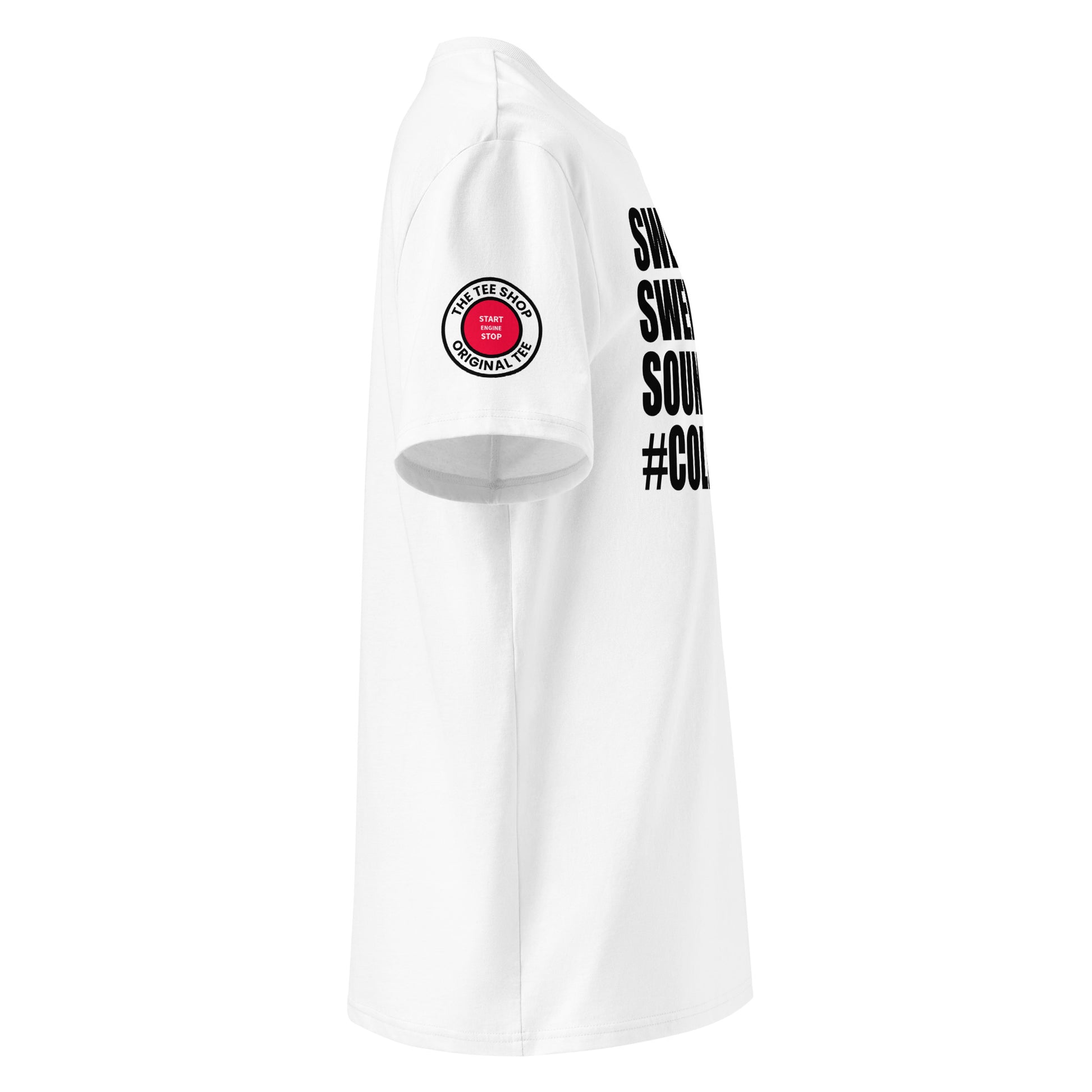 Right side view of white t-shirt showing The Tee Shop’s unique start/stop button logo on the sleeve and edge of the cold start slogan. DTF print, car culture and engine tribute.