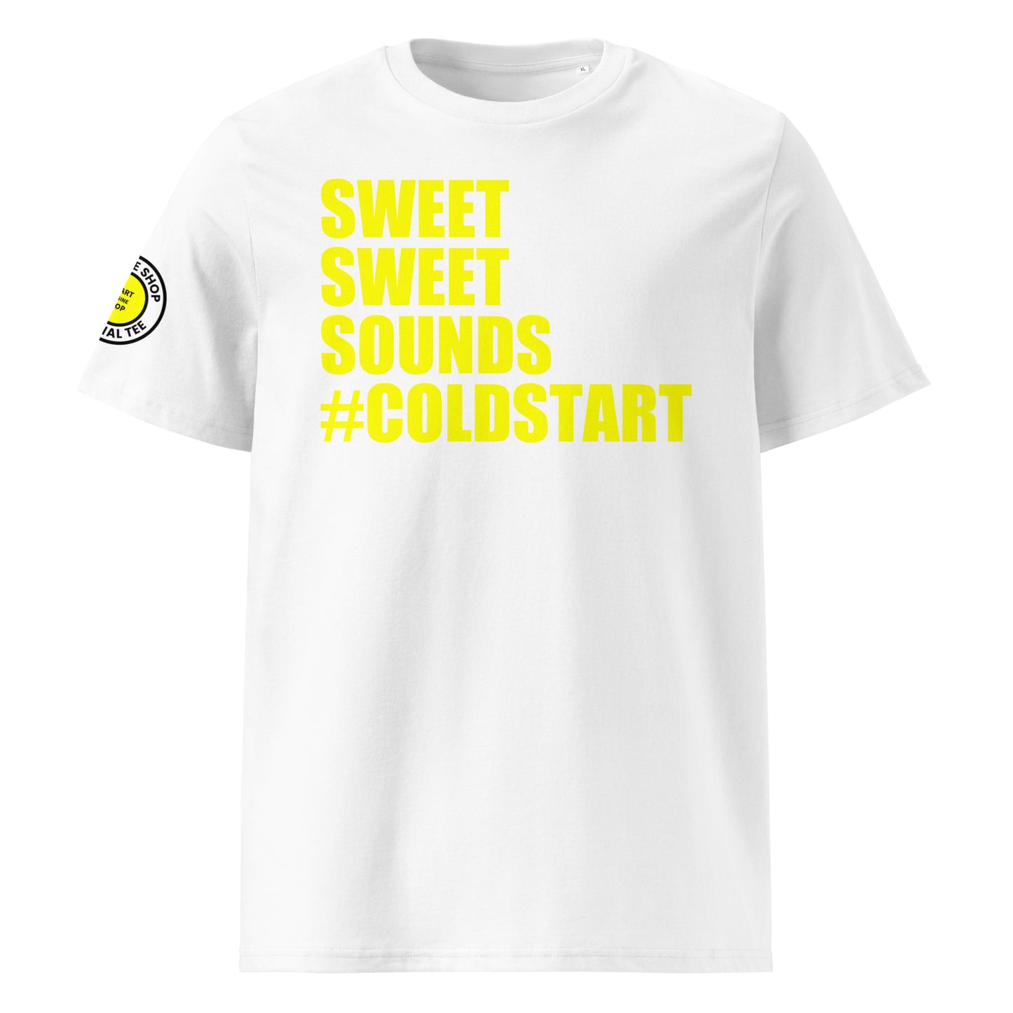 Front view of white unisex t-shirt with bold yellow “SWEET SWEET SOUNDS #COLDSTART” slogan. DTF print, perfect for cold start fans and car meet banter.