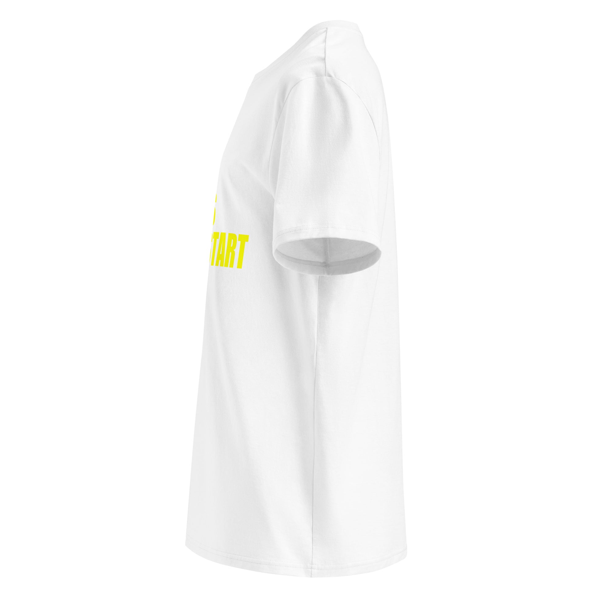 Left side view of white unisex t-shirt, plain sleeve, visible side of the yellow “SWEET SWEET SOUNDS #COLDSTART” print. Minimalist, car meet style.