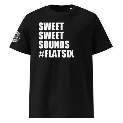Check out the front view of the "SWEET SWEET SOUNDS #FLATSIX" Black T-Shirt, perfect for Porsche enthusiasts. Available now at TheTeeShop!