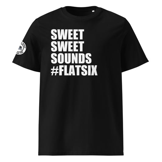 Front view of black unisex t-shirt with bold white “SWEET SWEET SOUNDS #FLATSIX” slogan. DTF print, perfect for flat six engine fans, Porsche enthusiasts, and car meet culture.