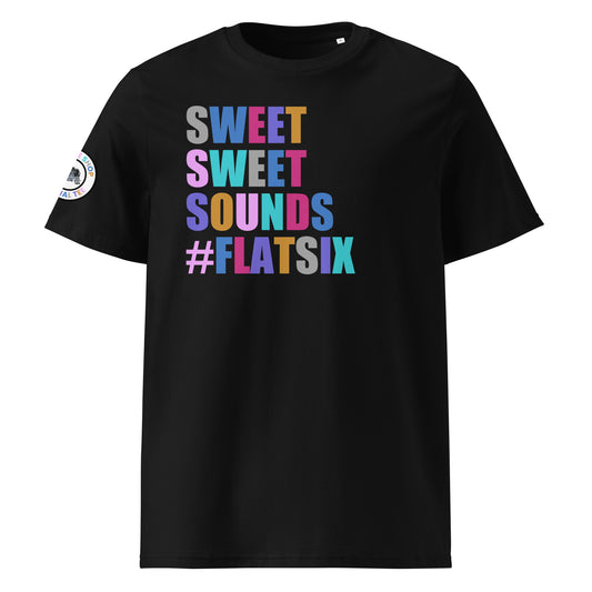 Front view of black unisex t-shirt with “SWEET SWEET SOUNDS #FLATSIX” slogan in multi-colour harlequin print. DTF print, perfect for flat six engine fans, Porsche enthusiasts, and car meet culture.