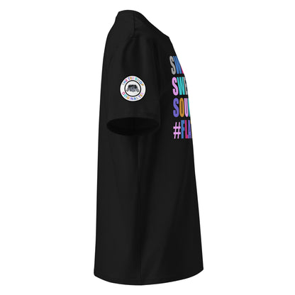 Right side view of black t-shirt showing The Tee Shop’s unique flat six engine logo on the sleeve and edge of the multi-colour SWEET SWEET SOUNDS #FLATSIX slogan. DTF print, car culture and engine tribute.