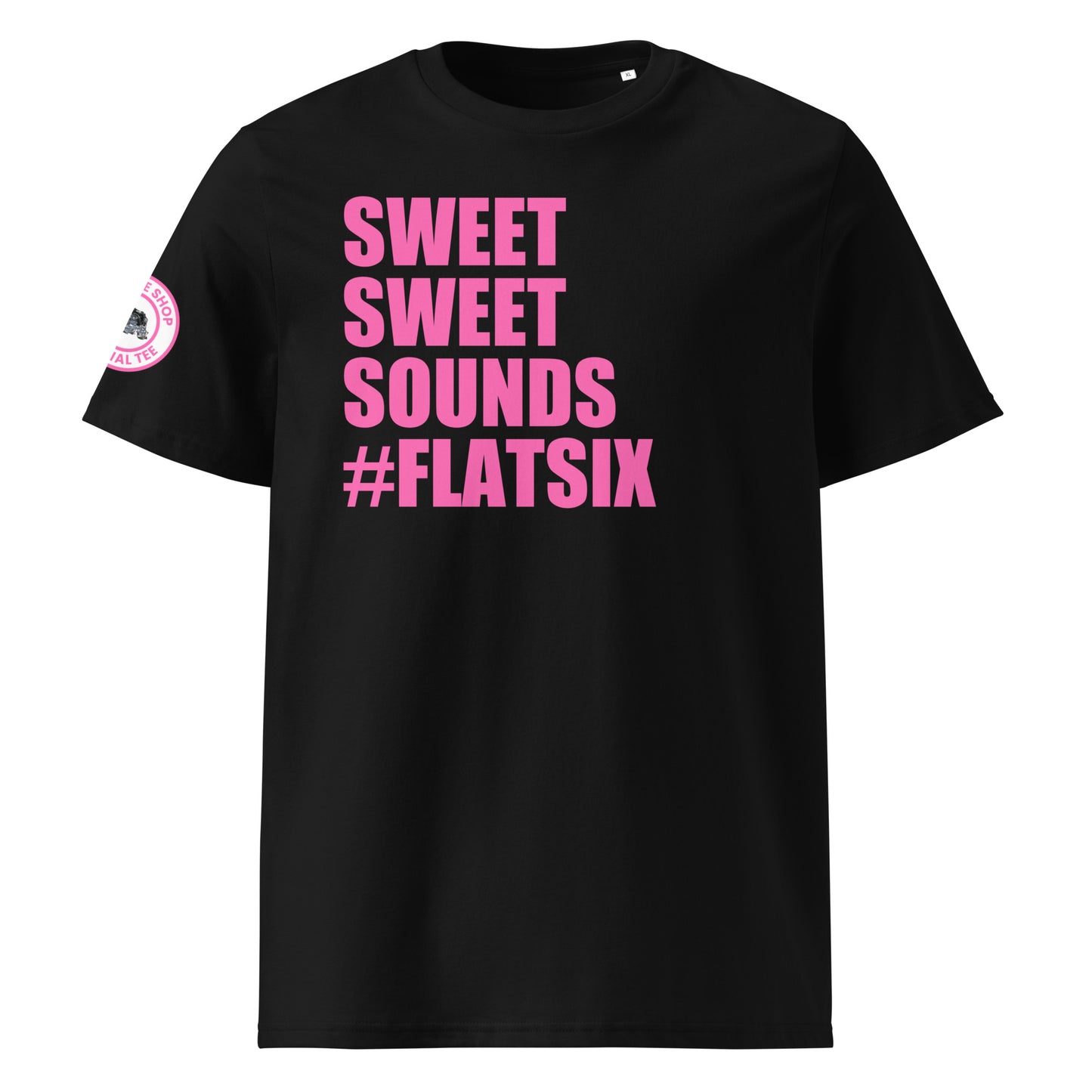 Front view of black unisex t-shirt with bold pink “SWEET SWEET SOUNDS #FLATSIX” slogan. DTF print, perfect for flat six engine fans, Porsche enthusiasts, and car meet culture.