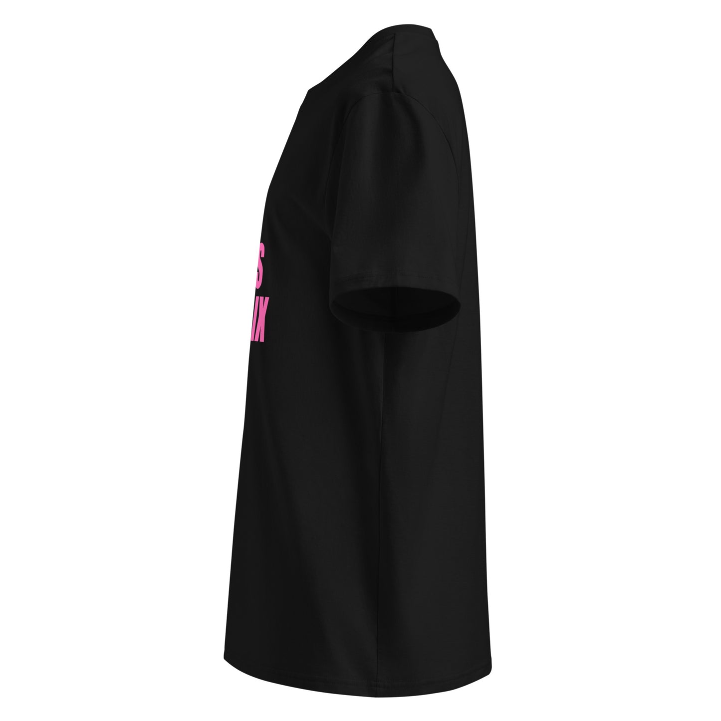 Left side view of black unisex t-shirt, plain sleeve, visible side of the pink “SWEET SWEET SOUNDS #FLATSIX” chest print. Minimalist, car meet style.