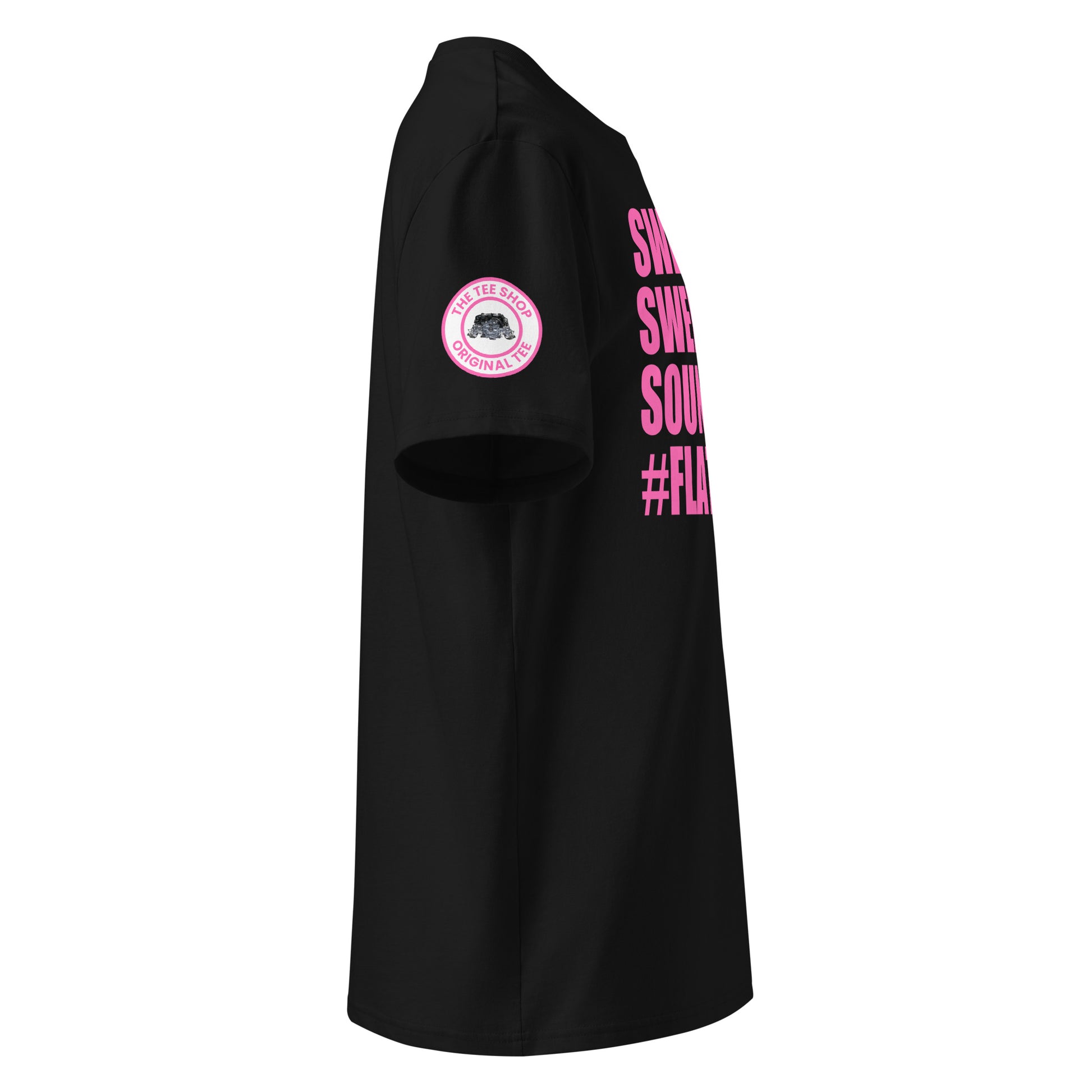 Right side view of black t-shirt showing The Tee Shop’s unique flat six engine logo on the sleeve and edge of the pink SWEET SWEET SOUNDS #FLATSIX slogan. DTF print, car culture and engine tribute.