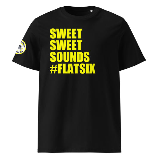 Front view of black unisex t-shirt with bold yellow “SWEET SWEET SOUNDS #FLATSIX” slogan. DTF print, perfect for flat six engine fans, Porsche enthusiasts, and car meet culture.