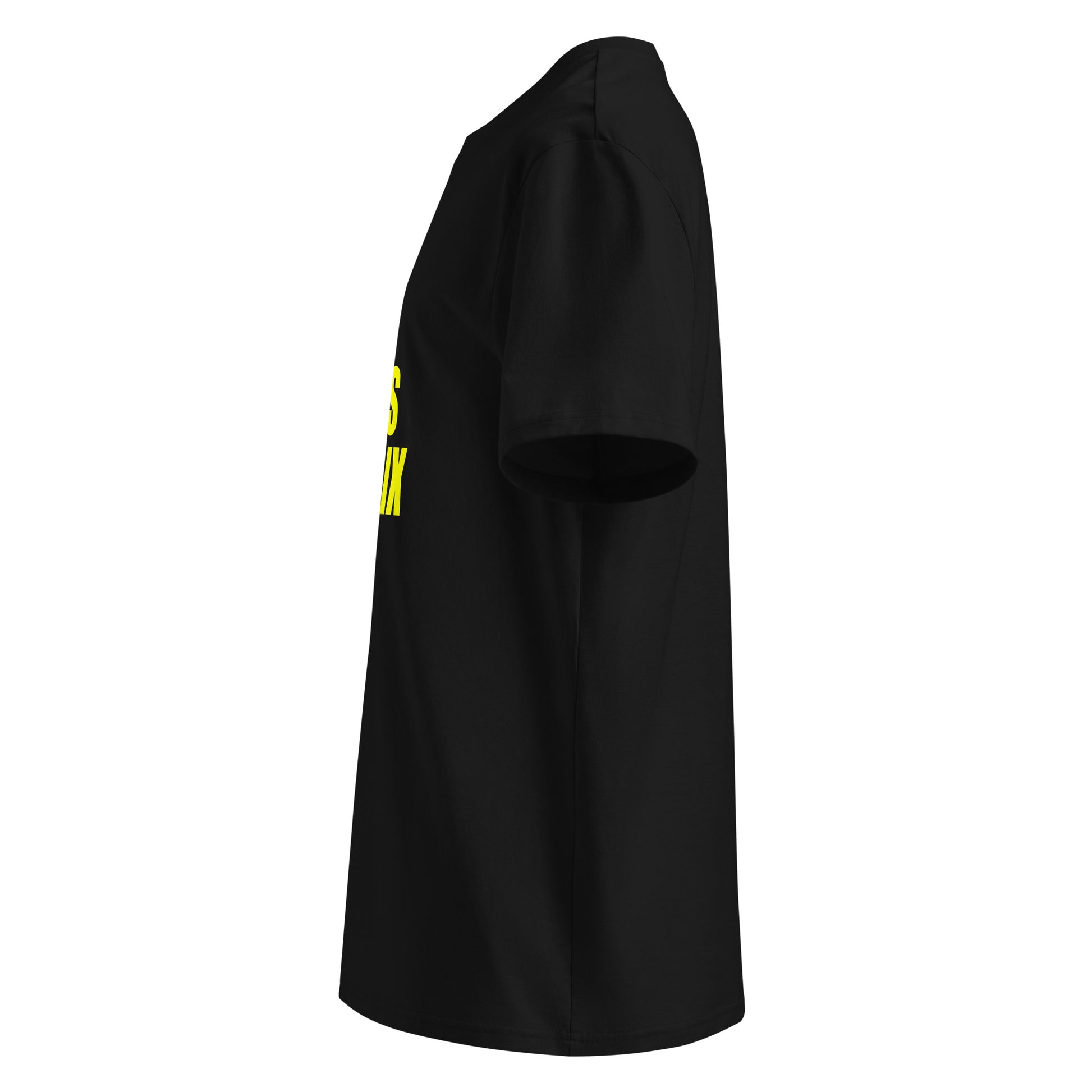 Left side view of black unisex t-shirt, plain sleeve, visible side of the yellow “SWEET SWEET SOUNDS #FLATSIX” chest print. Minimalist, car meet style.