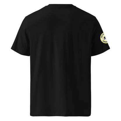 Back view of black unisex t-shirt with plain design. No rear print, highlighting the bold front yellow slogan and unique flat six engine logo on the sleeve. DTF print, perfect for car meet and flat six engine fans.