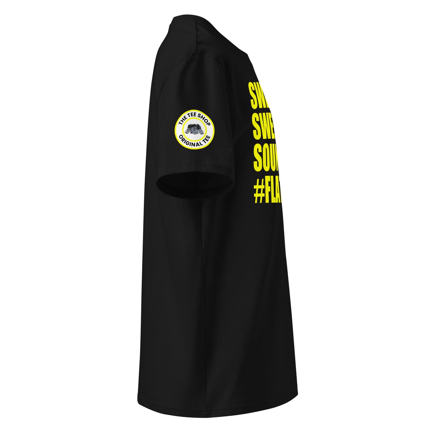 Right side view of black t-shirt showing The Tee Shop’s unique flat six engine logo on the sleeve and edge of the yellow SWEET SWEET SOUNDS #FLATSIX slogan. DTF print, car culture and engine tribute.
