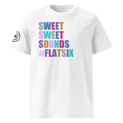 Front view of white unisex t-shirt with “SWEET SWEET SOUNDS #FLATSIX” slogan in multi-colour harlequin print. DTF print, perfect for flat six engine fans, Porsche enthusiasts, and car meet culture.
