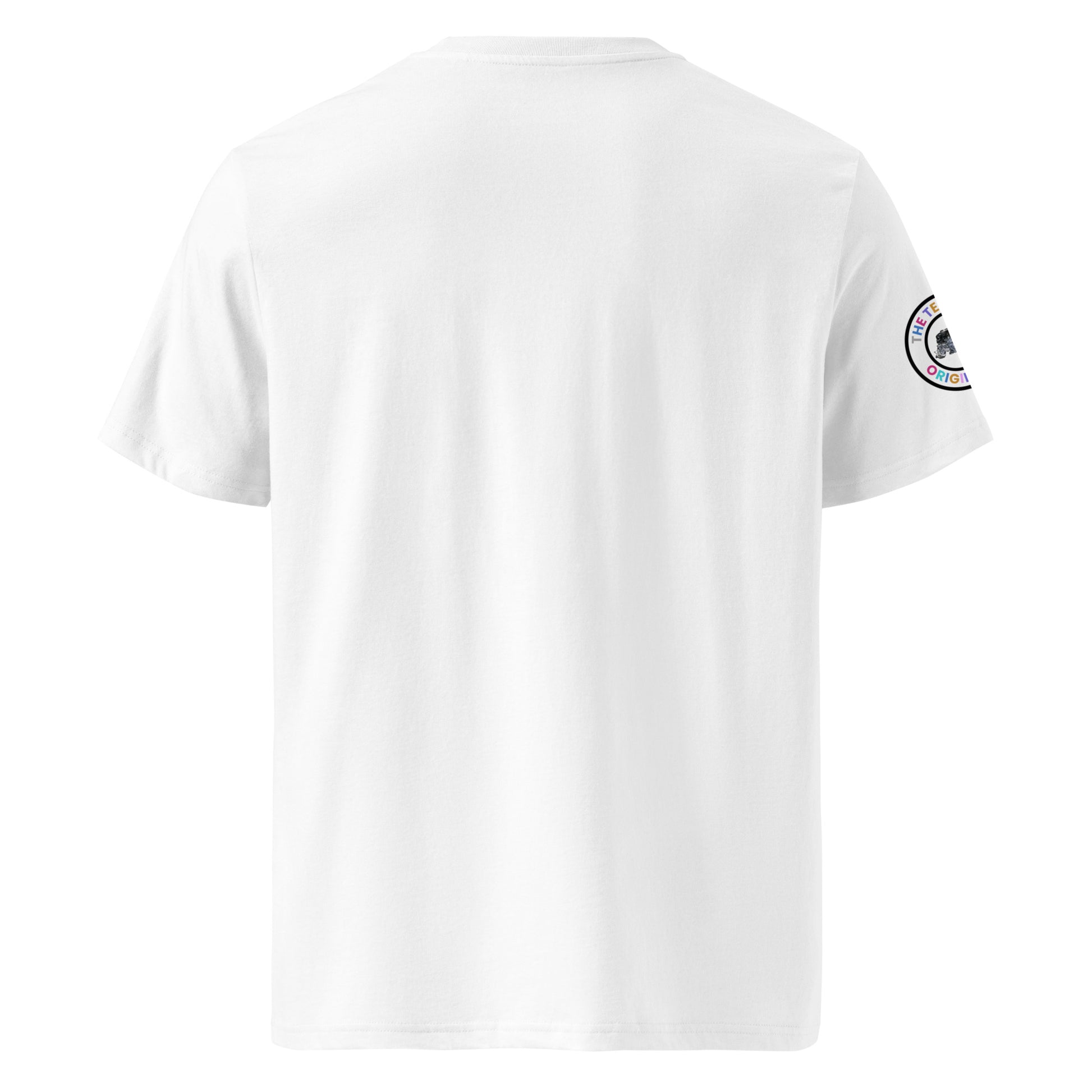 Back view of white unisex t-shirt with plain design. No rear print, highlighting the multi-colour front slogan and unique flat six engine logo on the sleeve. DTF print, perfect for car meet and flat six engine fans.