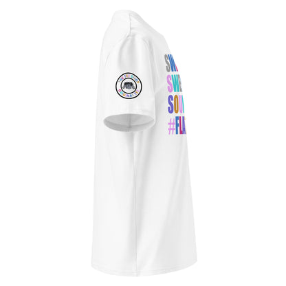 Right side view of white t-shirt showing The Tee Shop’s unique flat six engine logo on the sleeve and edge of the multi-colour SWEET SWEET SOUNDS #FLATSIX slogan. DTF print, car culture and engine tribute.