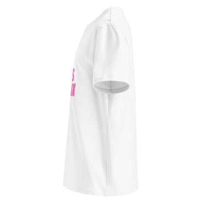 Left side view of white unisex t-shirt, plain sleeve, visible side of the pink “SWEET SWEET SOUNDS #FLATSIX” chest print. Minimalist, car meet style.