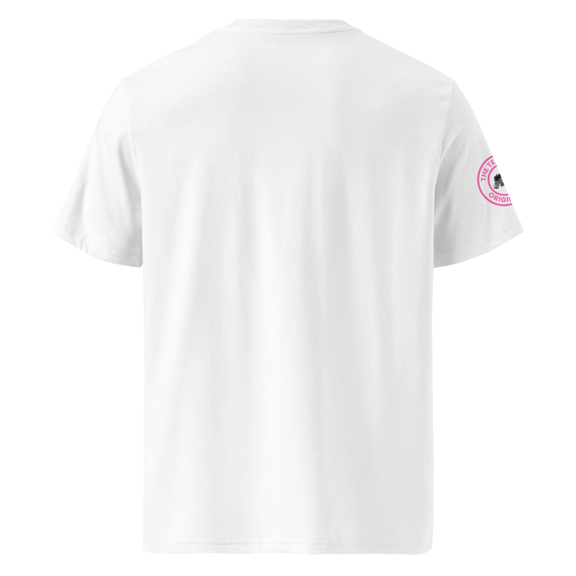 Back view of white unisex t-shirt with plain design. No rear print, highlighting the bold front pink slogan and unique flat six engine logo on the sleeve. DTF print, perfect for car meet and flat six engine fans.