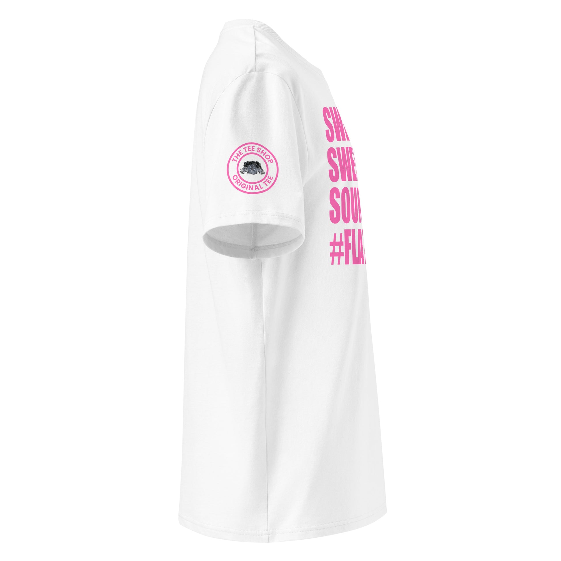 Right side view of white t-shirt showing The Tee Shop’s unique flat six engine logo on the sleeve and edge of the pink SWEET SWEET SOUNDS #FLATSIX slogan. DTF print, car culture and engine tribute.
