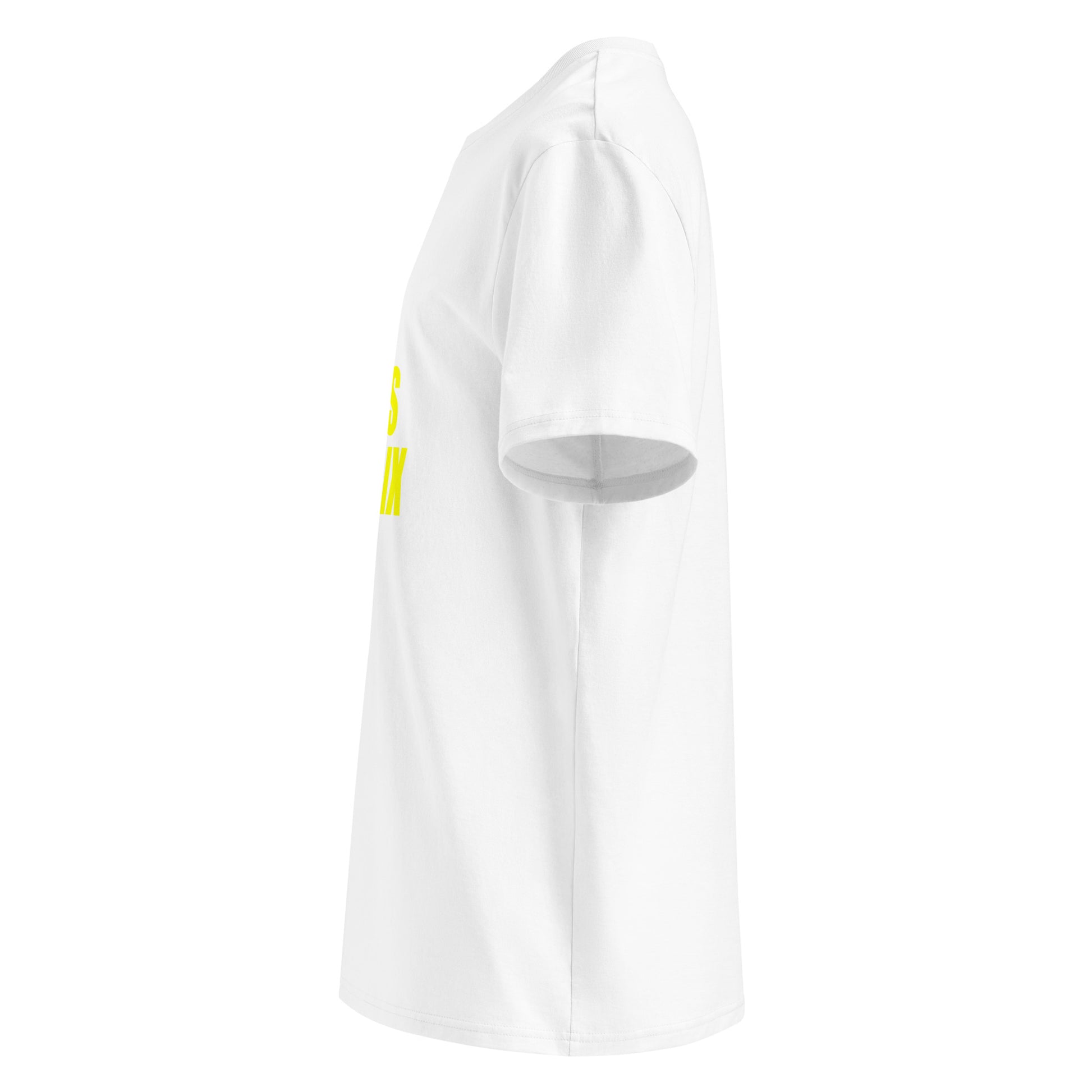 Left side view of white unisex t-shirt, plain sleeve, visible side of the yellow “SWEET SWEET SOUNDS #FLATSIX” chest print. Minimalist, car meet style.