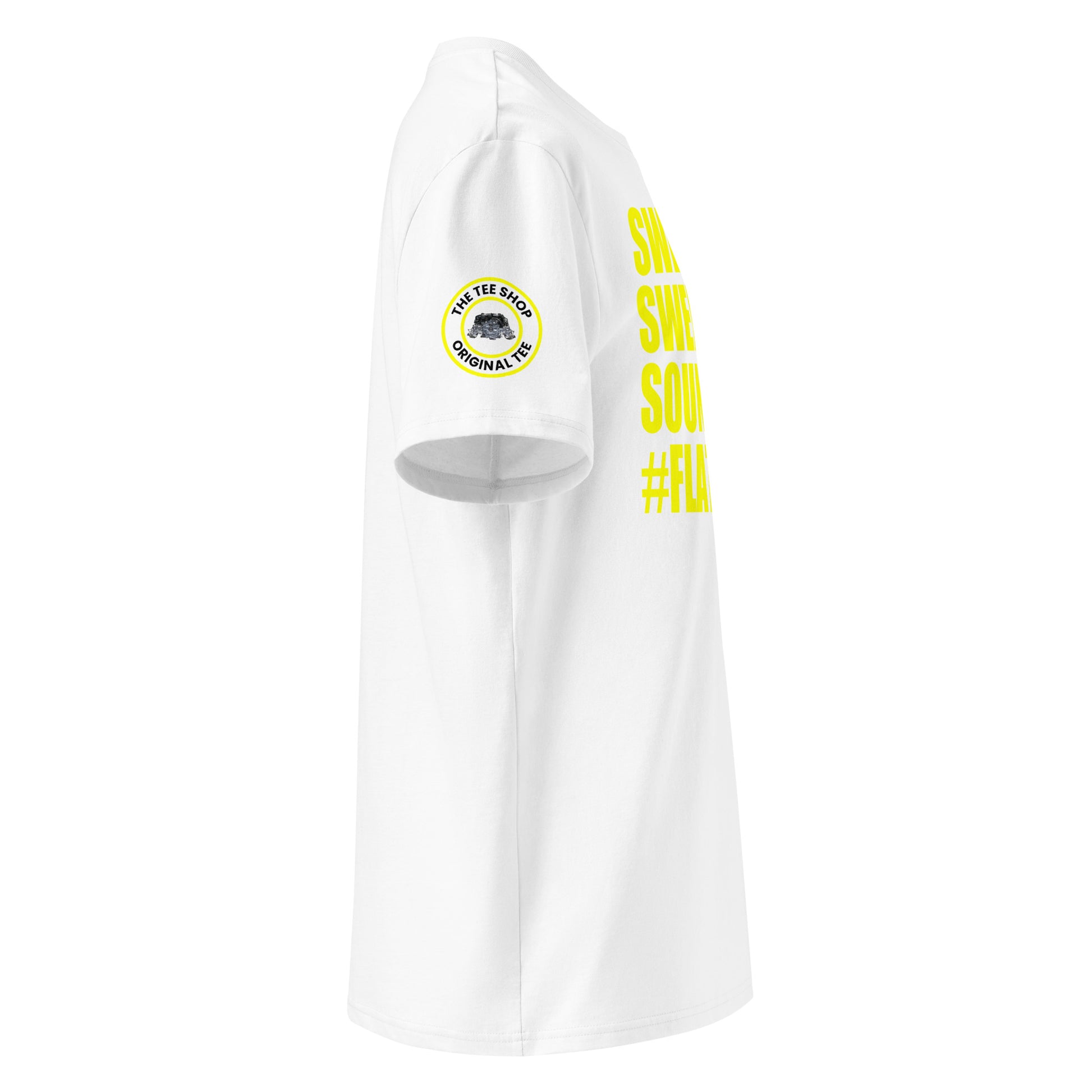 Right side view of white t-shirt showing The Tee Shop’s unique flat six engine logo on the sleeve and edge of the yellow SWEET SWEET SOUNDS #FLATSIX slogan. DTF print, car culture and engine tribute.
