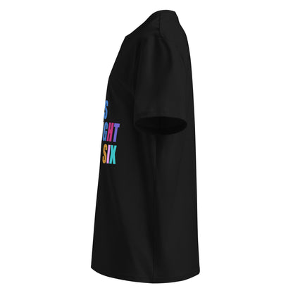 Left side view of black unisex t-shirt, plain sleeve, visible side of the colourful “SWEET SWEET SOUNDS #STRAIGHTSIX” chest print. Minimalist, car meet style.