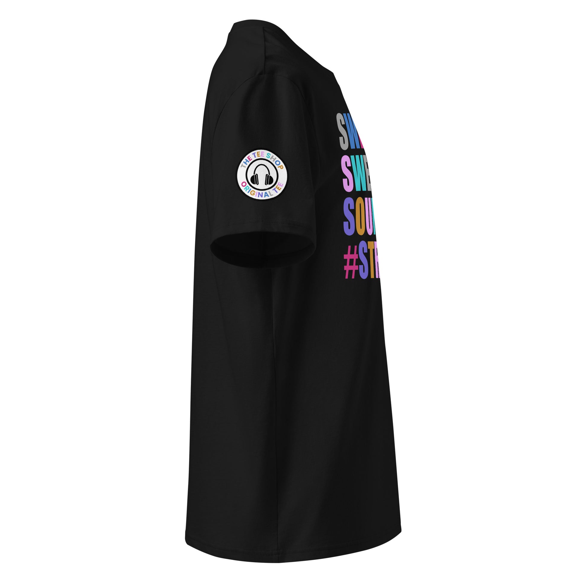 Right side view of black t-shirt showing The Tee Shop’s unique ear muffs logo on the sleeve and edge of the multi-colour SWEET SWEET SOUNDS #STRAIGHTSIX slogan. DTF print, car culture and engine tribute.
