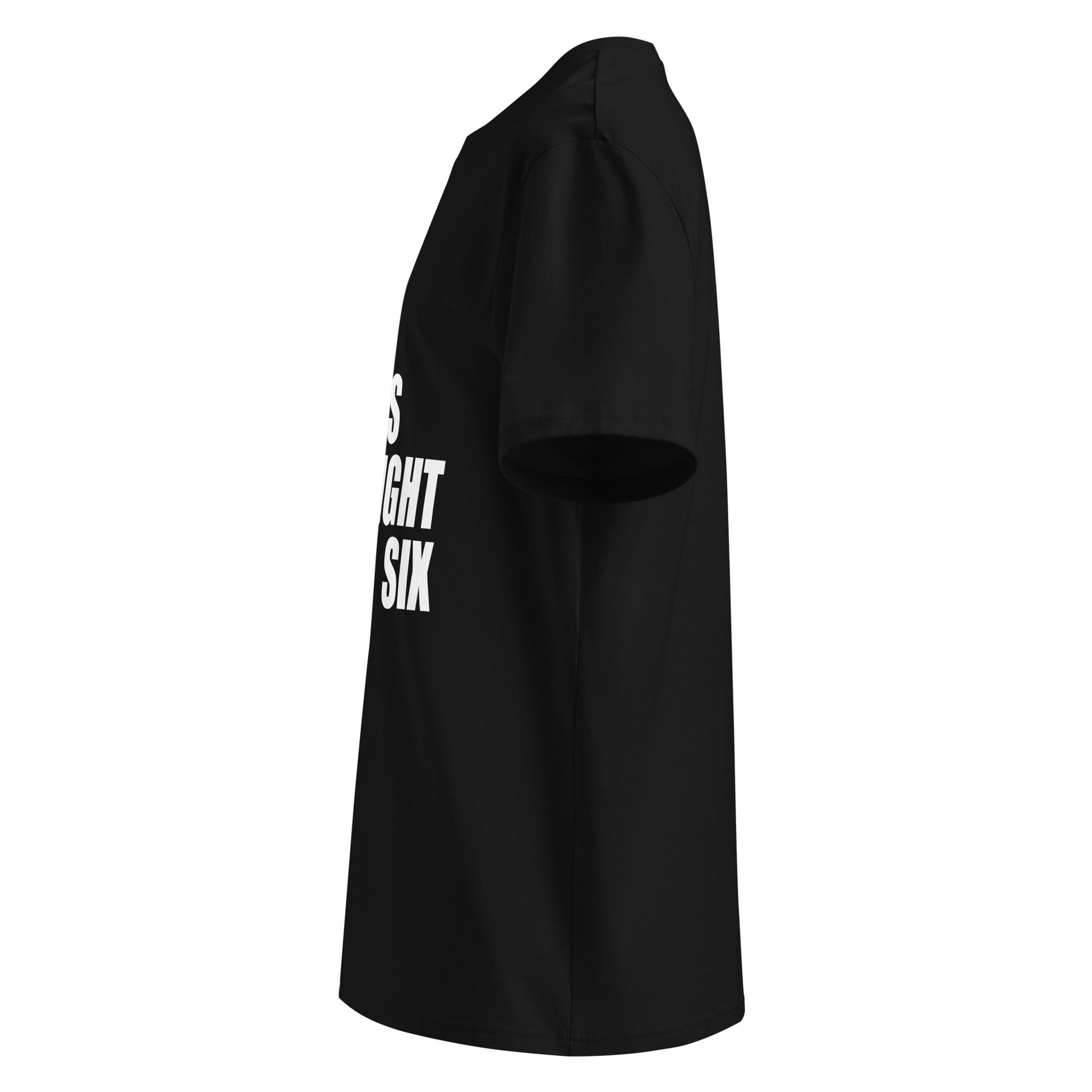 Left side view of black unisex t-shirt, plain sleeve, visible side of the white “SWEET SWEET SOUNDS #STRAIGHTSIX” chest print. Minimalist, car meet style.
