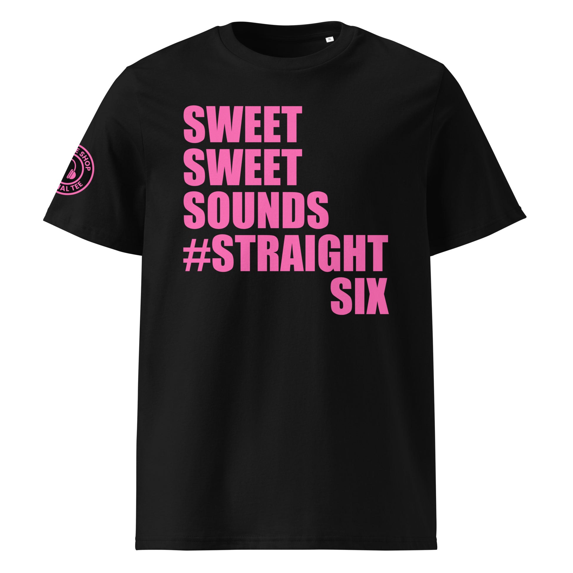 Front view of black unisex t-shirt with bold pink “SWEET SWEET SOUNDS #STRAIGHTSIX” slogan. DTF print, perfect for straight-six engine fans and car meet enthusiasts.
