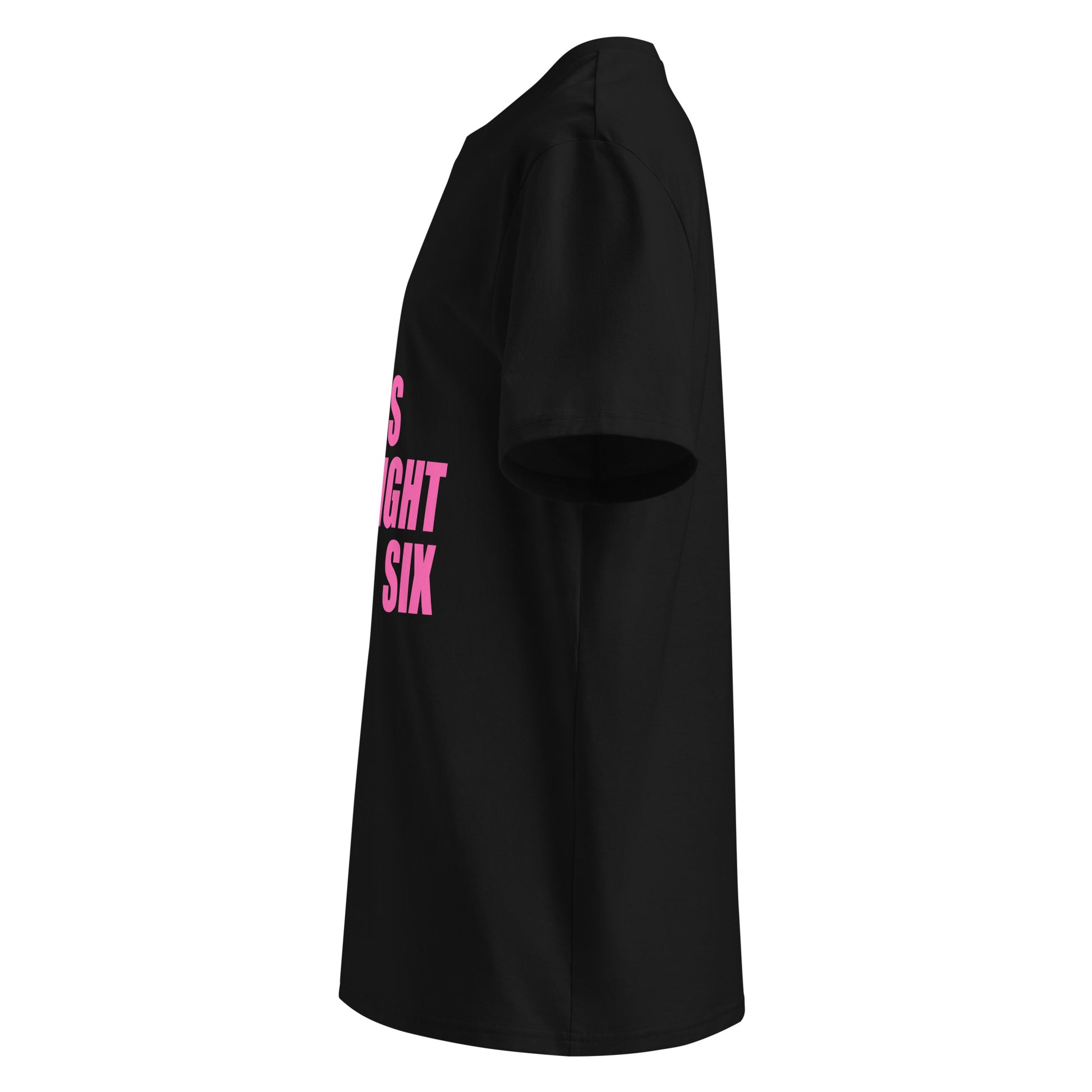 Left side view of black unisex t-shirt, plain sleeve, visible side of the pink “SWEET SWEET SOUNDS #STRAIGHTSIX” chest print. Minimalist, car meet style.