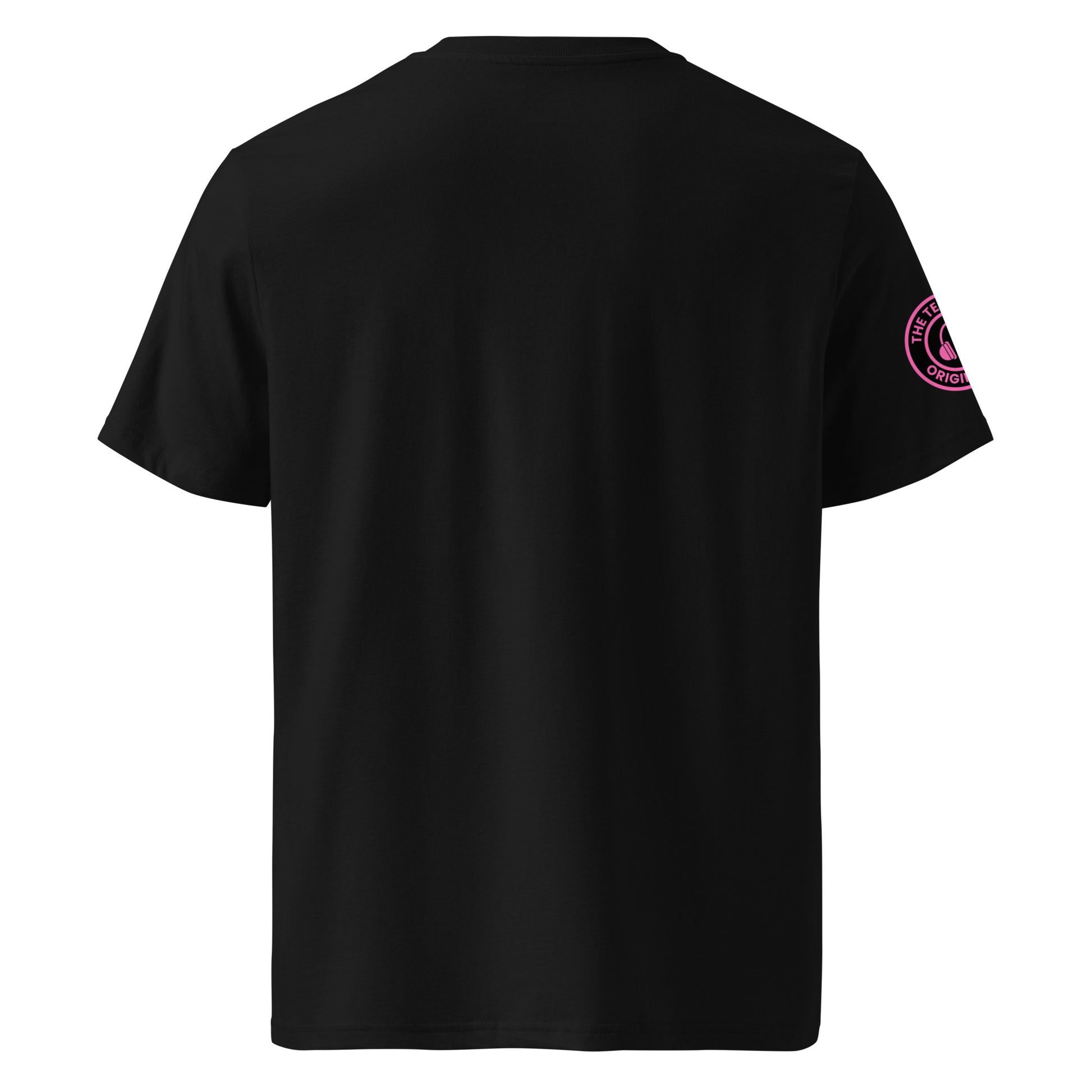 Back view of black unisex t-shirt with plain design. No rear print, highlighting the bold front pink slogan and unique ear muffles logo on the sleeve. DTF print, perfect for car meet and straight-six engine fans.
