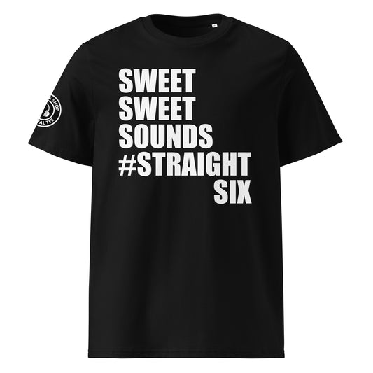 Front view of black unisex t-shirt with bold white “SWEET SWEET SOUNDS #STRAIGHTSIX” slogan. DTF print, perfect for straight-six engine fans and car meet enthusiasts.

