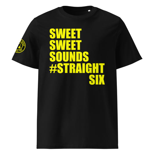 Front view of black unisex t-shirt with bold yellow “SWEET SWEET SOUNDS #STRAIGHTSIX” slogan. DTF print, perfect for straight-six engine fans and car meet enthusiasts.