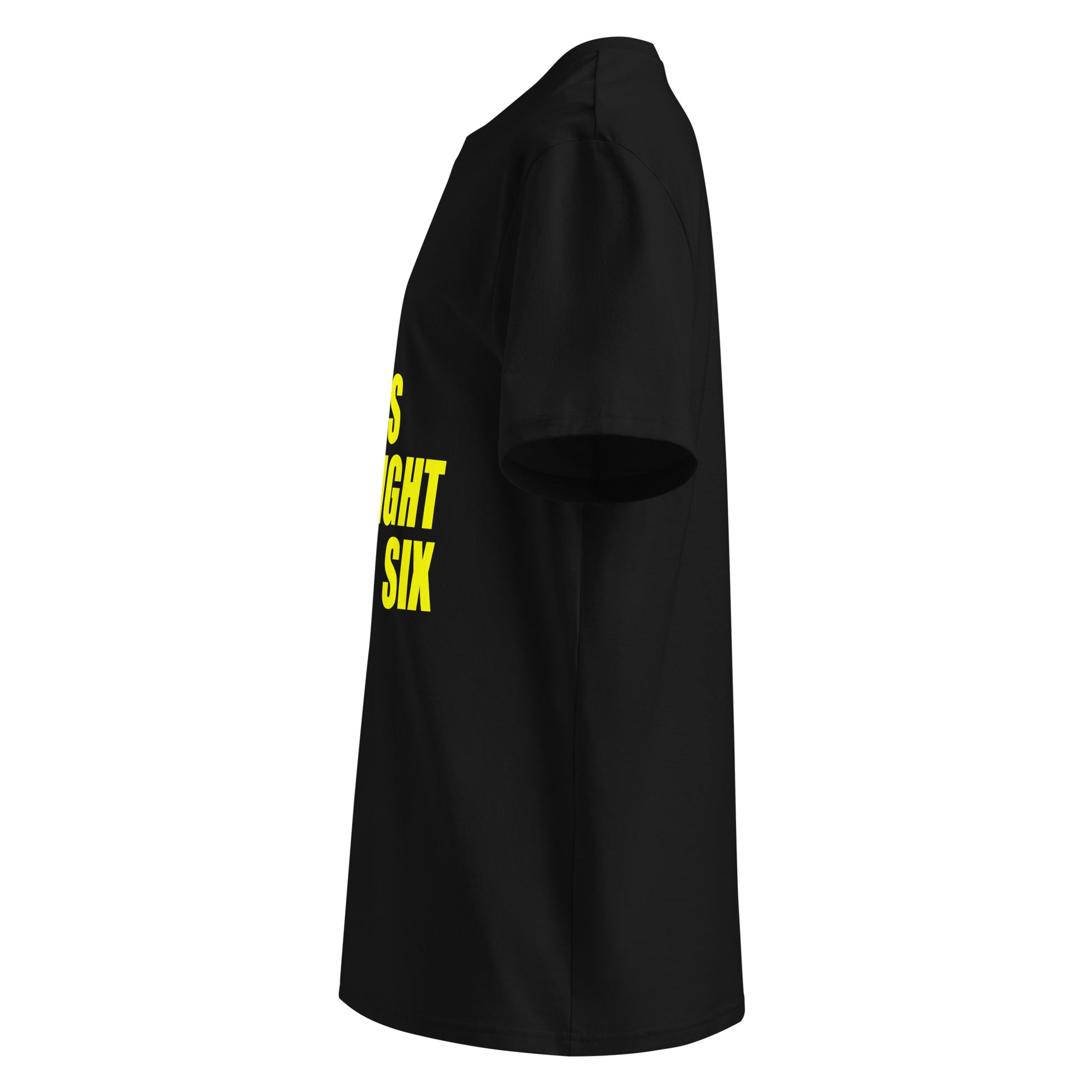 SWEET SWEET SOUNDS #STRAIGHTSIX T-Shirt – Black – Yellow Print – Left Side View