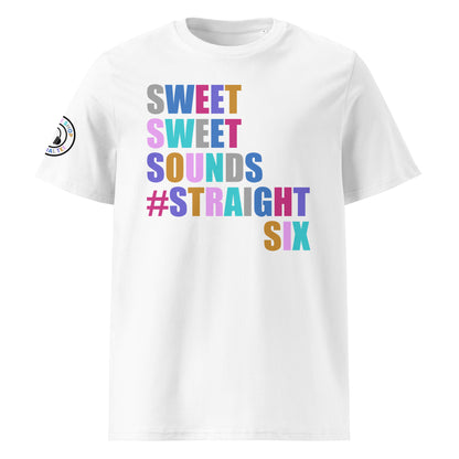 Front view of white unisex t-shirt with “SWEET SWEET SOUNDS #STRAIGHTSIX” slogan in multi-colour harlequin print. DTF print, perfect for straight-six engine fans and car meet enthusiasts.
