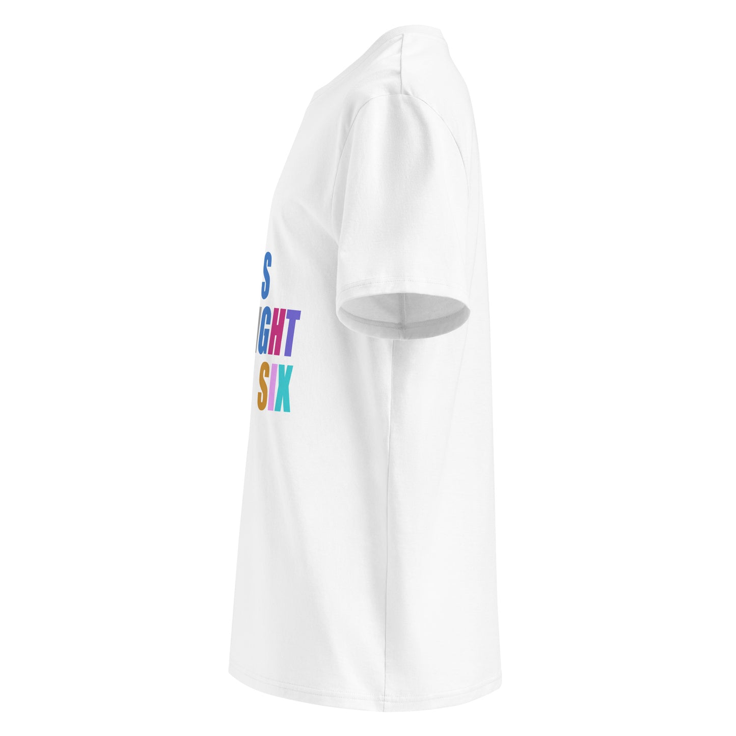 Left side view of white unisex t-shirt, plain sleeve, visible side of the colourful “SWEET SWEET SOUNDS #STRAIGHTSIX” chest print. Minimalist, car meet style.