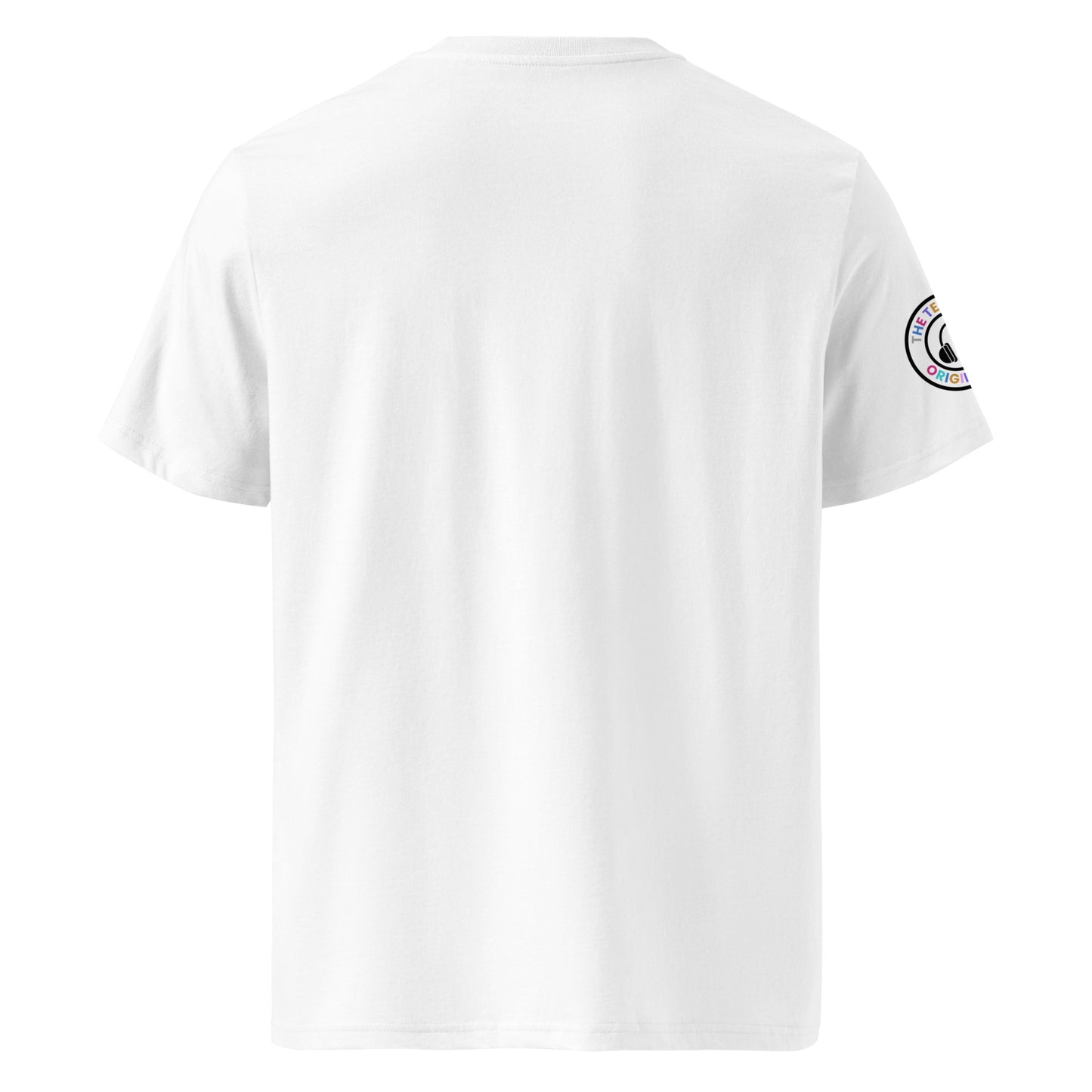 Back view of white unisex t-shirt with plain design. No rear print, highlighting the multi-colour front slogan and unique ear muffles logo on the sleeve. DTF print, perfect for car meet and straight-six engine fans.