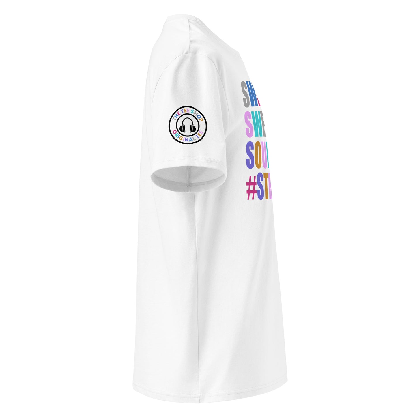 Right side view of white t-shirt showing The Tee Shop’s unique ear muffs logo on the sleeve and edge of the multi-colour SWEET SWEET SOUNDS #STRAIGHTSIX slogan. DTF print, car culture and engine tribute.