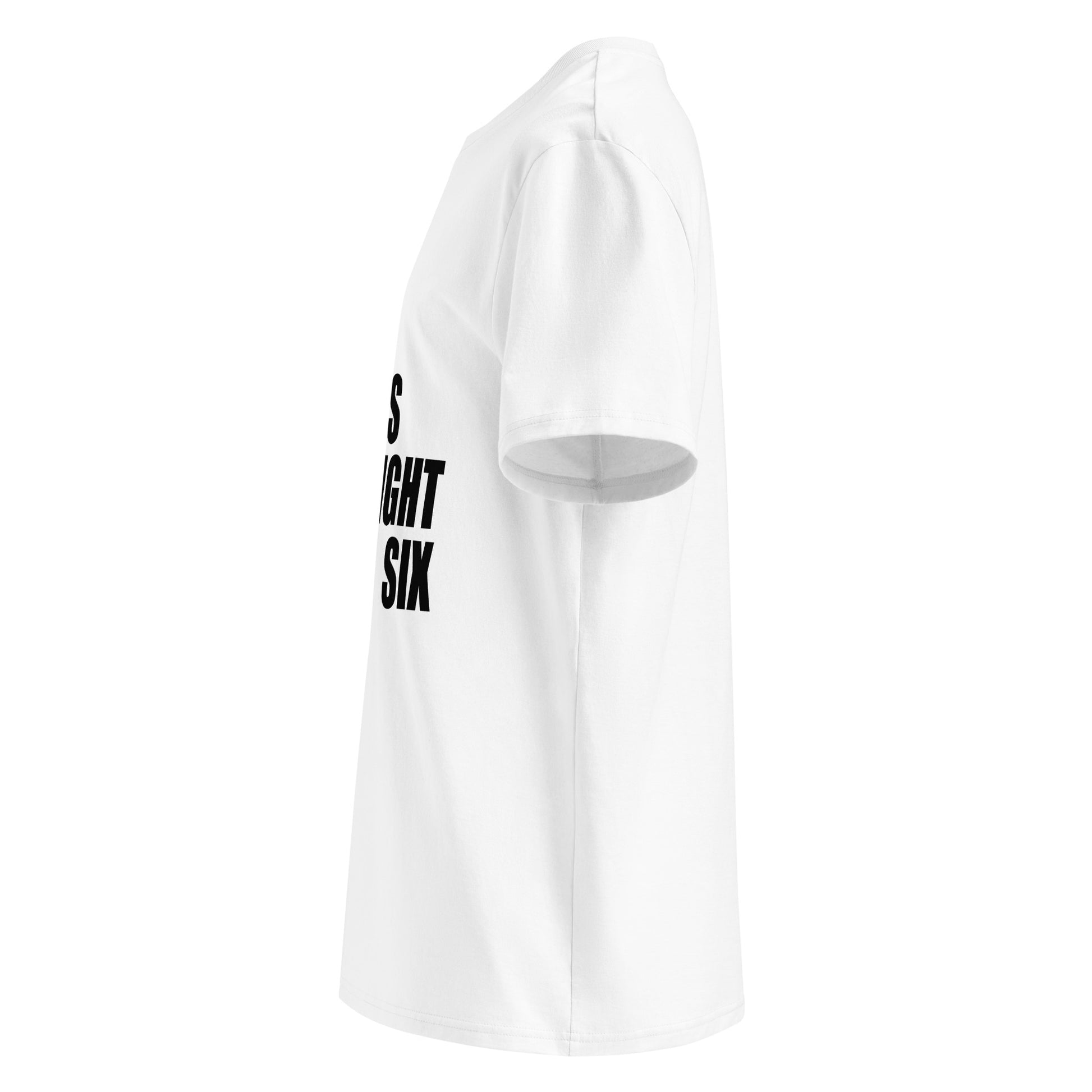 Left side view of white unisex t-shirt, plain sleeve, visible side of the black “SWEET SWEET SOUNDS #STRAIGHTSIX” chest print. Minimalist, car meet style.