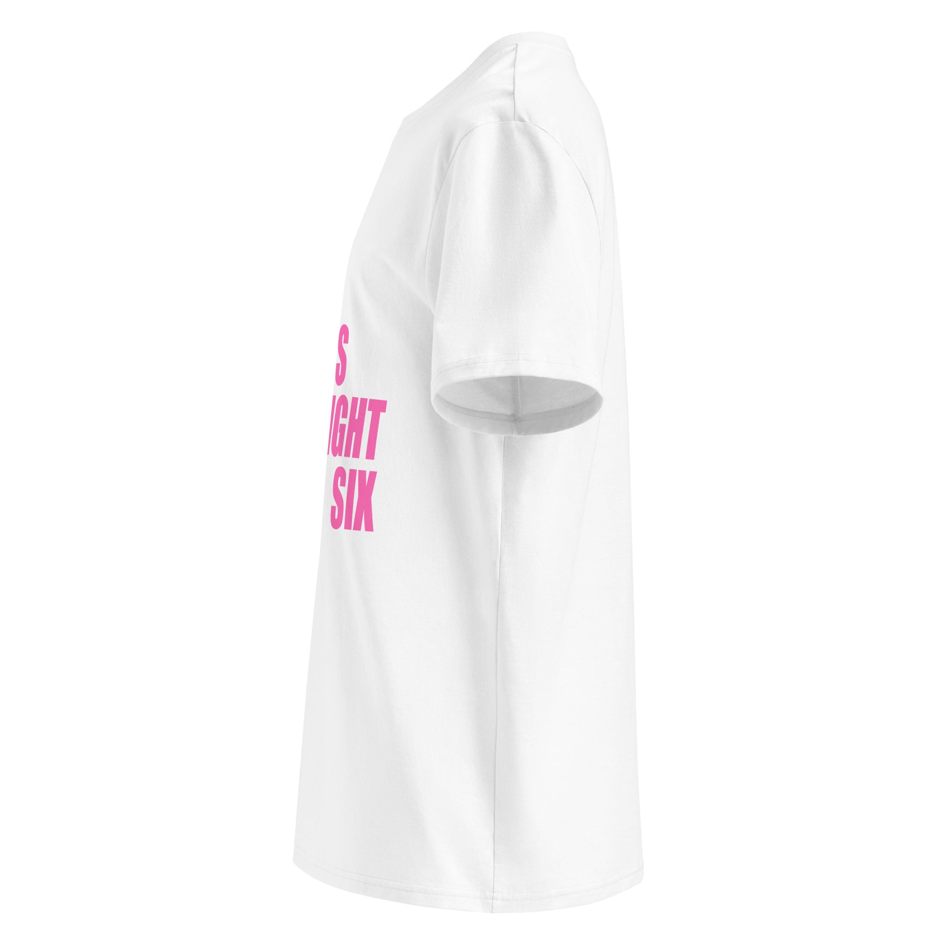 Left side view of white unisex t-shirt, plain sleeve, visible side of the pink “SWEET SWEET SOUNDS #STRAIGHTSIX” chest print. Minimalist, car meet style.