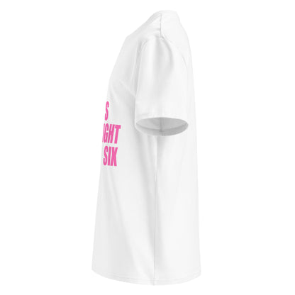 Left side view of white unisex t-shirt, plain sleeve, visible side of the pink “SWEET SWEET SOUNDS #STRAIGHTSIX” chest print. Minimalist, car meet style.