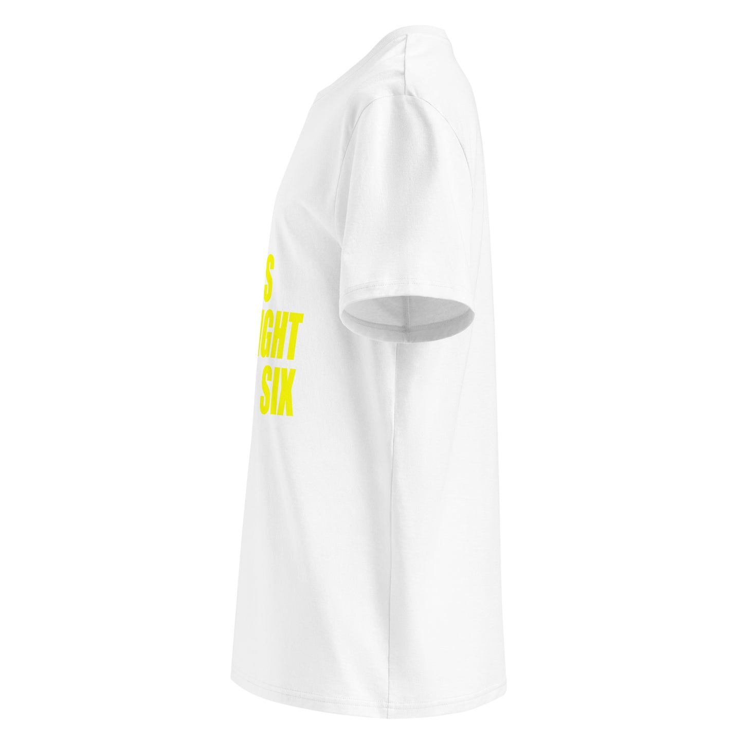 Left side view of white unisex t-shirt, plain sleeve, visible side of the yellow “SWEET SWEET SOUNDS #STRAIGHTSIX” chest print. Minimalist, car meet style.