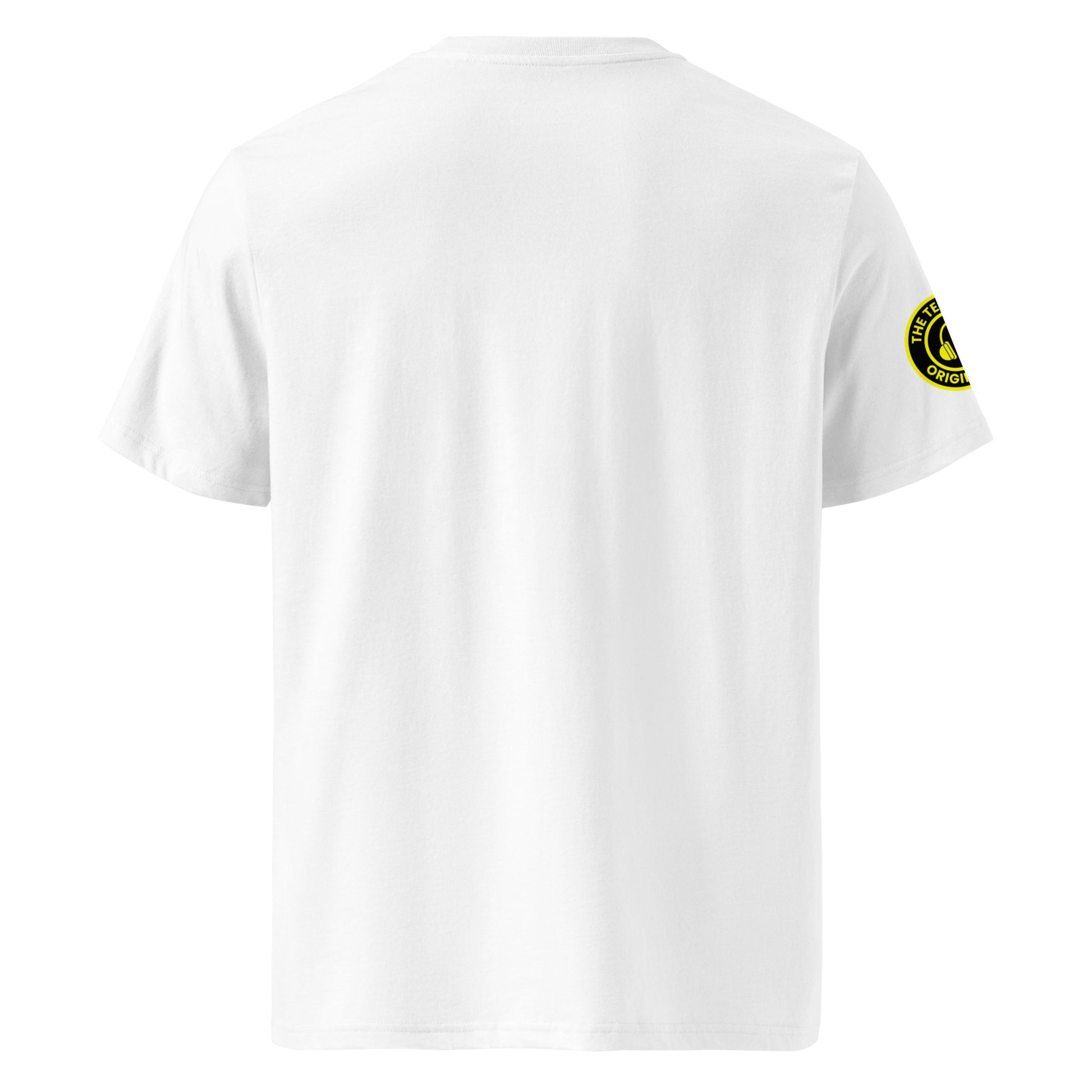 Back view of white unisex t-shirt with plain design. No rear print, highlighting the bold front yellow slogan and unique ear muffles logo on the sleeve. DTF print, perfect for car meet and straight-six engine fans.