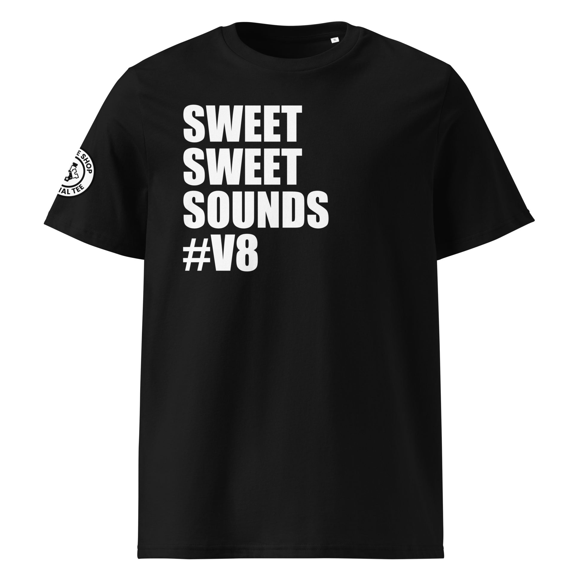 Front view of black unisex t-shirt with bold white “SWEET SWEET SOUNDS #V8” slogan. DTF print, perfect for V8 engine fans and car meet enthusiasts.
